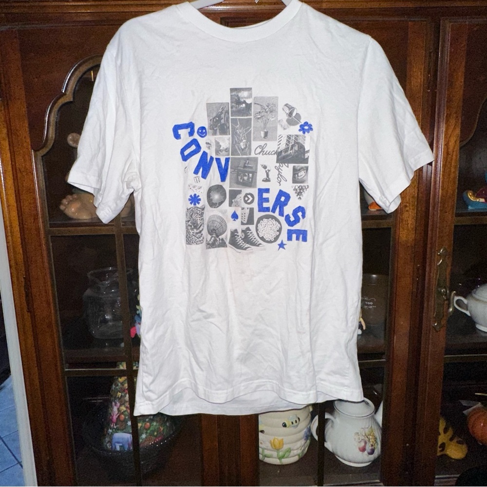Limited Edition Converse White Blue Vintage Collage Short Sleeve Tee Size M HTF